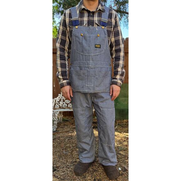 Vtg Sears Bib Overalls 40x30 Hickory Striped Railroad Toughskins Union Made USA - Picture 1 of 16